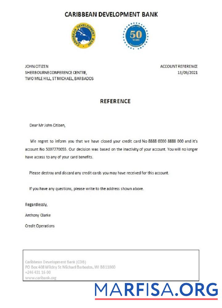 Blank Barbados Caribbean Development Bank closure reference real example